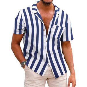 Men's Hawaiian Shirts Short Sleeve Linen Button Down Beach Shirts Stripe Navy